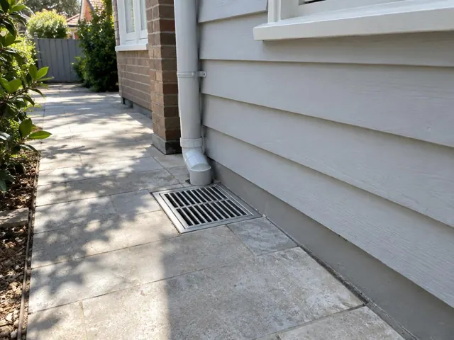 Outdoor gully grate set in tiled paving beside a house wall and downpipe in Beverly Hills