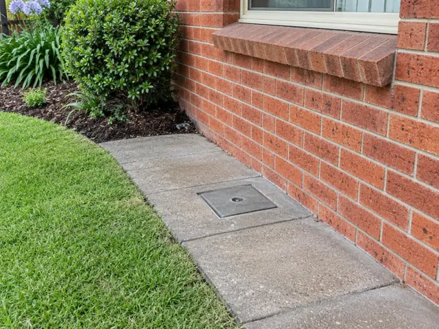 Capped access cover set flush in a concrete path beside a red brick house in Peakhurst